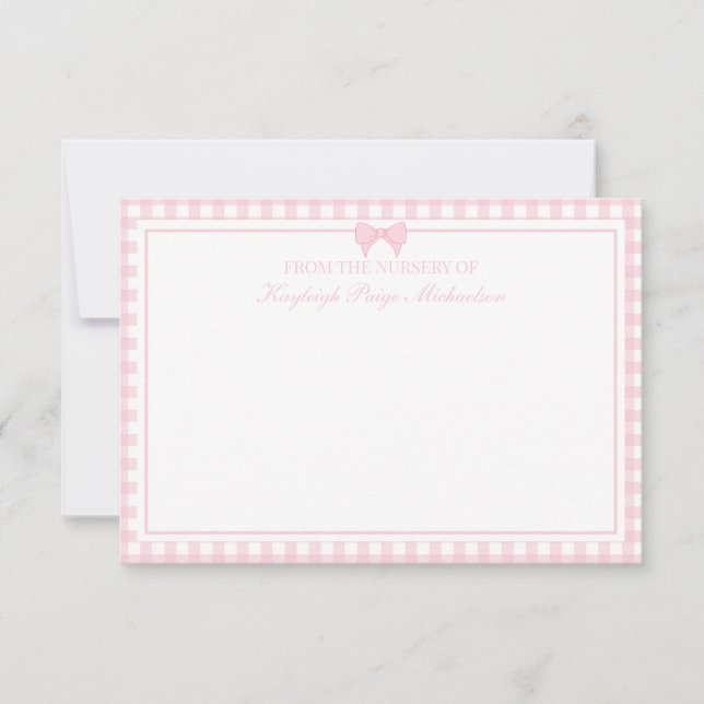 Tarjeta De Agradecimiento Patrón de Gingham rosa con arco (Anverso)