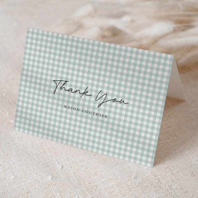 Tarjeta De Agradecimiento Patrón de Gingham Verde Salvia Script Foto Doblada (Sage Green Gingham Check Baby Folded Photo Thank You Note Cards.)