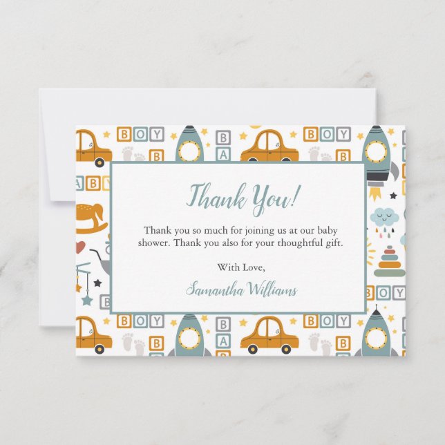 Tarjeta De Agradecimiento Patrón de juguete de coche lindo Niño Baby Shower  (Anverso)