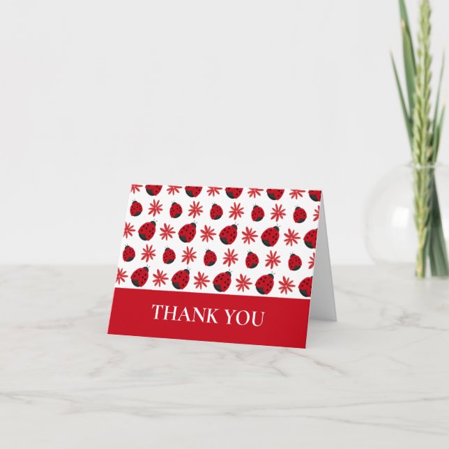 Tarjeta De Agradecimiento Patrón de mariquita margarita roja (Anverso)
