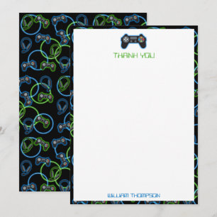 Tarjeta De Agradecimiento Patrón de monograma de videojuego azul y verde neó