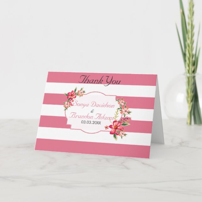 Tarjeta De Agradecimiento Patrón De Rayas Blancas Y Rosa - Gracias (Anverso)