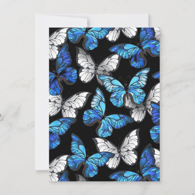 Tarjeta De Agradecimiento Patrón oscuro sin foco con mariposas azules morfo (Anverso)