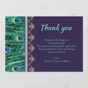 Tarjeta de agradecimiento pavo real strass púrpura