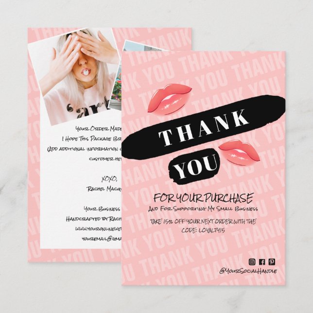Tarjeta De Agradecimiento Peach Black Brushstrot Kiss Photo Order Gracias (Anverso / Reverso)