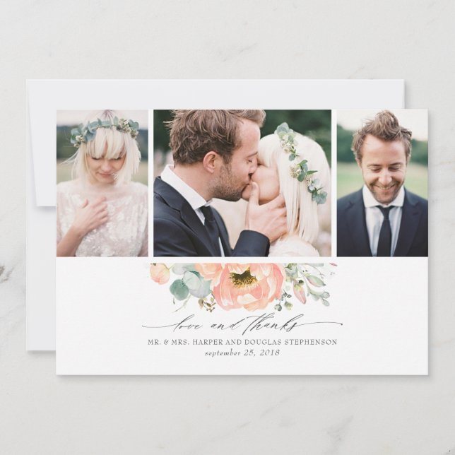 Tarjeta De Agradecimiento Peach Floral Boda 3 Fotos (Anverso)