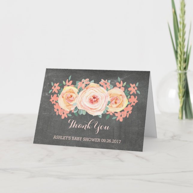 Tarjeta De Agradecimiento Peach Floral Chalkboard Baby Shower Gracias (Anverso)