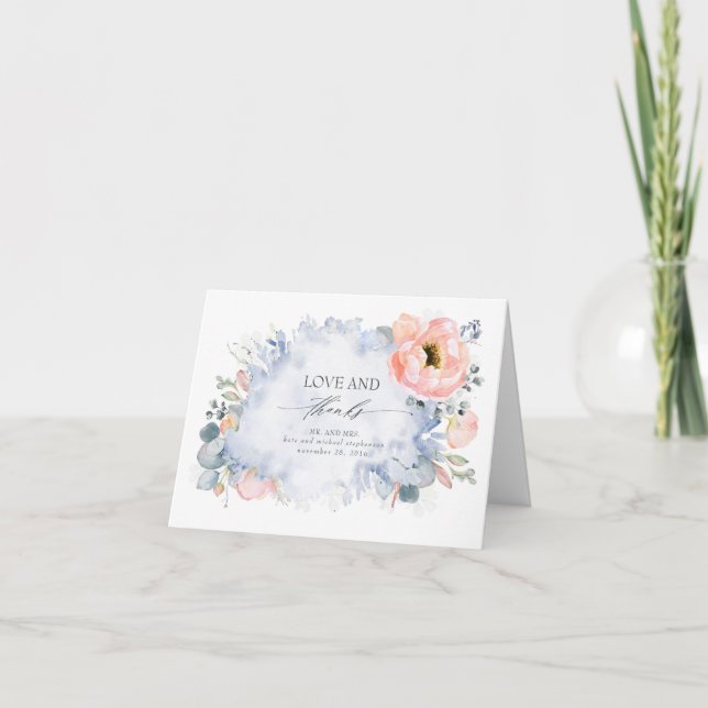 Tarjeta De Agradecimiento Peach Floral Elegante Dusty Blue Boda Gracias (Anverso)