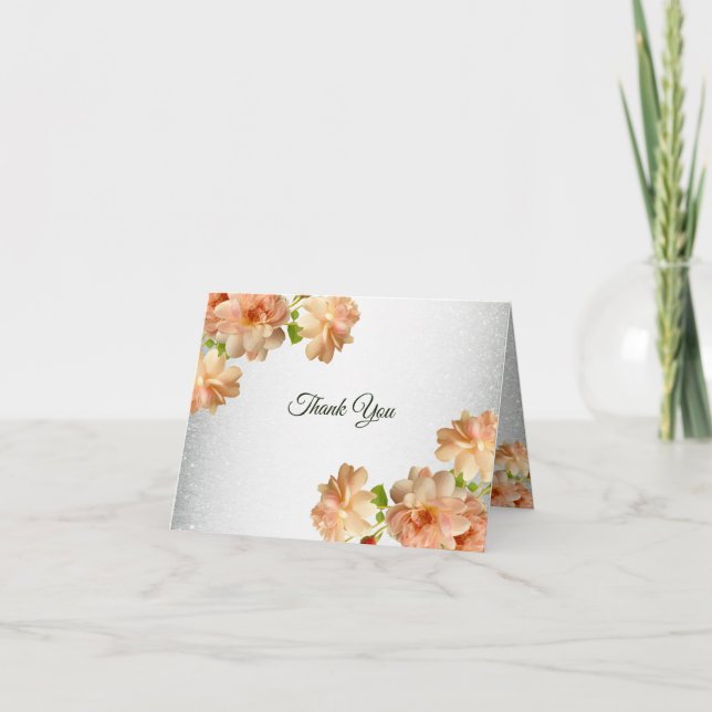 Tarjeta De Agradecimiento Peach Floral Silver Glitter Modern Wedding Party (Anverso)