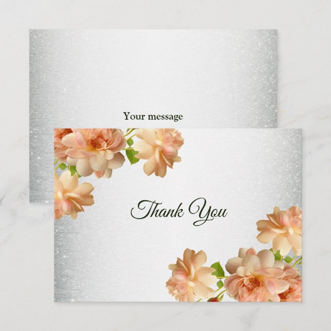 Tarjeta De Agradecimiento Peach Floral Silver Glitter Modern Wedding Party (Anverso / Reverso)