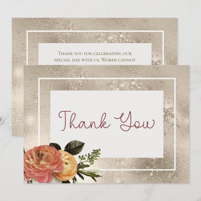 Tarjeta De Agradecimiento Peach Mimosa Blooms Gold Floral Boda (Anverso / Reverso)