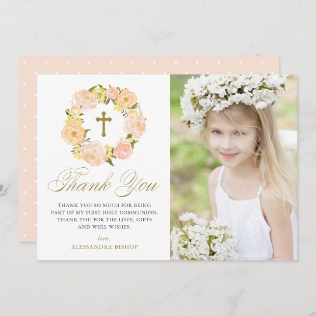 Tarjeta De Agradecimiento Peach Peony Wreath primera foto de la Santa Comuni (Anverso / Reverso)