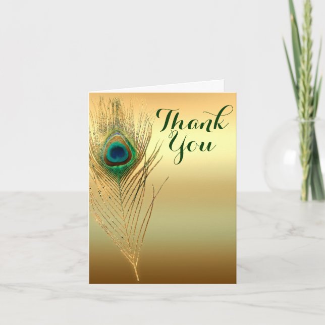 Tarjeta De Agradecimiento Peacock Feather Gold Exotic Boho Moda Gracias (Anverso)
