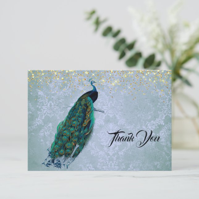 Tarjeta De Agradecimiento Peacock Gold Sparkys Watercolor (Anverso de pie)
