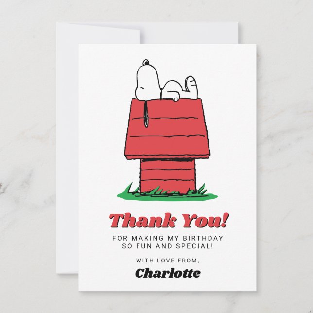 Tarjeta De Agradecimiento Peanuts Snoopy Dog House Birthday Thank You Card (Anverso)