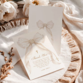 Tarjeta De Agradecimiento Pearls Gold Bow Girl Baptism Religious