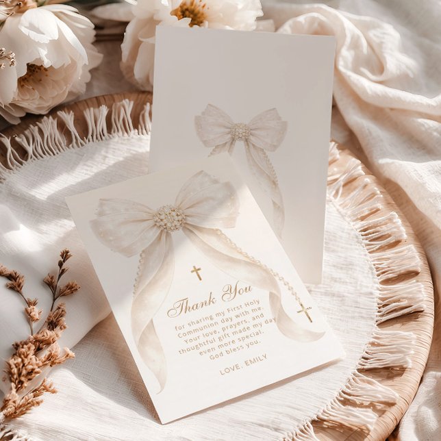 Tarjeta De Agradecimiento Pearls Gold Bow Girl Baptism Religious (Subido por el creador)