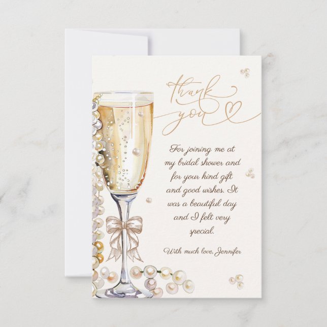 Tarjeta De Agradecimiento Pearls y Prosecco Bridal Shower (Anverso)
