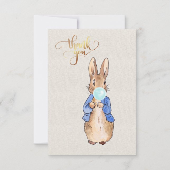 Tarjeta De Agradecimiento Pedro el conejo soplando chicle azul (Anverso)