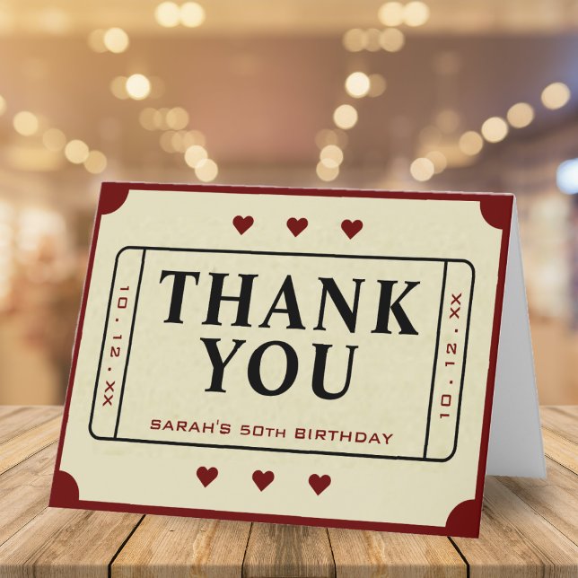 Tarjeta De Agradecimiento Película del Teatro Retro Stub 50 cumpleaños (Retro Theater Movie Ticket Stub 50th Birthday Thank You Card)