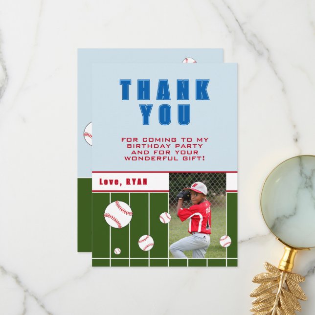 Tarjeta De Agradecimiento Pelotas de béisbol niños personalizados Foto de cu (Anverso/Reverso In Situ)