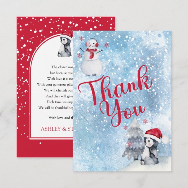 Tarjeta De Agradecimiento Penguin Snowman Winter Baby Shower Gracias (Anverso / Reverso)