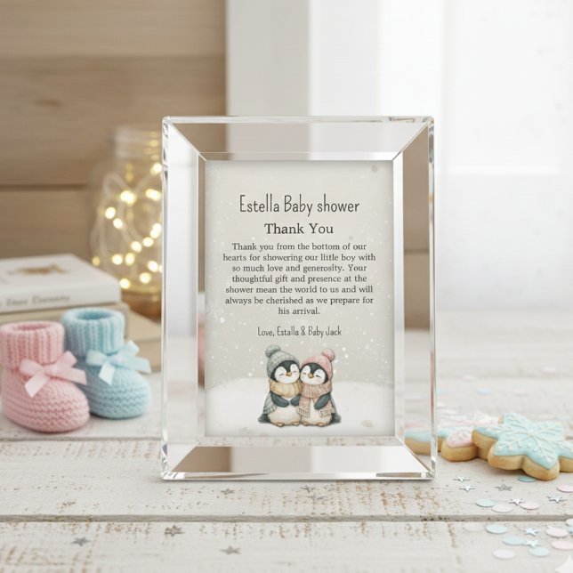 Tarjeta De Agradecimiento Penguin Winter Twins Baby Shower Boy Girl Neutral (Subido por el creador)
