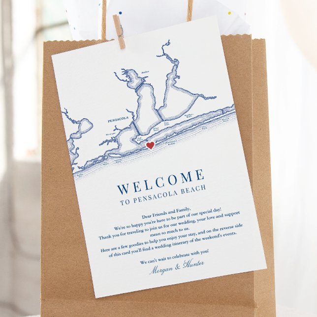 Tarjeta De Agradecimiento Pensacola Beach Florida Boda Bienvenida Itinerario (Pensacola Beach Florida Wedding Weekend Itinerary card and Welcome Letter in navy blue)