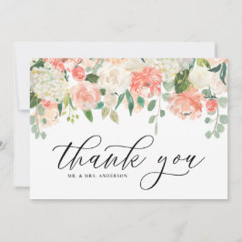 Tarjeta De Agradecimiento Peonía e Hydrangea en acuarela marfil y melocotón