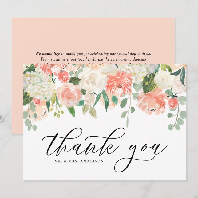 Tarjeta De Agradecimiento Peonía e Hydrangea en acuarela marfil y melocotón (Anverso / Reverso)