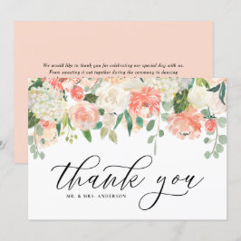 Tarjeta De Agradecimiento Peonía e Hydrangea en acuarela marfil y melocotón