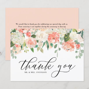 Tarjeta De Agradecimiento Peonía e Hydrangea en acuarela marfil y melocotón