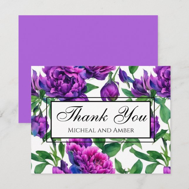 Tarjeta De Agradecimiento peonías de acuarela rosa con magenta púrpura román (Anverso / Reverso)