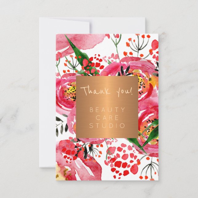 Tarjeta De Agradecimiento peonías metálicas de cobre de salón de belleza gra (Anverso)