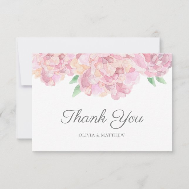 Tarjeta De Agradecimiento peonías rosadas acuarelas. Boda de flores de jardí (Anverso)