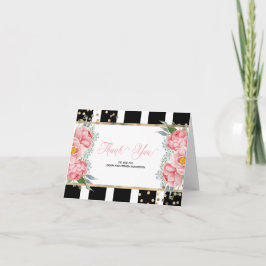 Tarjeta De Agradecimiento Peonías rosadas y rayas negras Elegante agradecimi