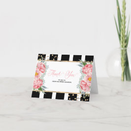 Tarjeta De Agradecimiento Peonías rosadas y rayas negras Elegante agradecimi