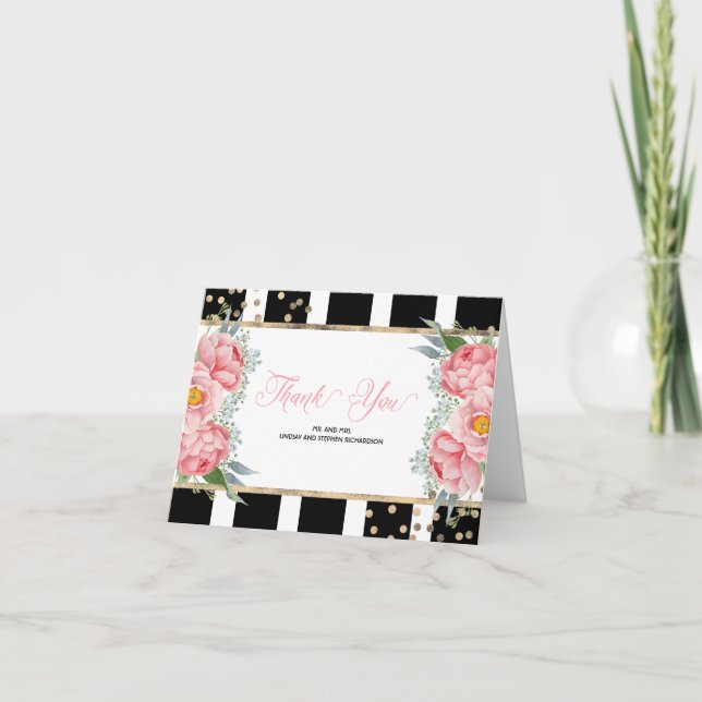 Tarjeta De Agradecimiento Peonías rosadas y rayas negras elegante agradecimi (Anverso)