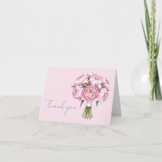Tarjeta De Agradecimiento Peony Elegant Corazón Rosado Blushing Gracias (Anverso)