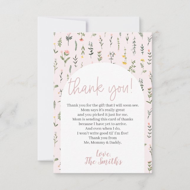 Tarjeta De Agradecimiento Pequeña Baby Shower de flores silvestres gracias a (Anverso)