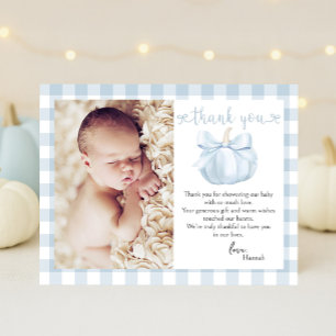 Tarjeta De Agradecimiento Pequeña Calabaza Azul Bow Foto Baby Shower