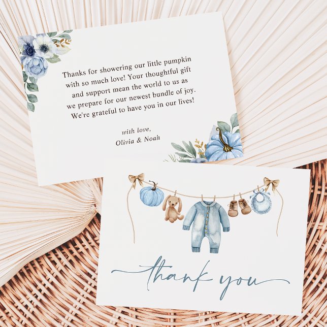 Tarjeta De Agradecimiento Pequeña Calabaza Cae Azul Floral Boy Baby Shower (Subido por el creador)