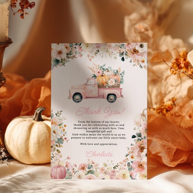 Tarjeta De Agradecimiento Pequeña calabaza Camión Rosa Cae Floral Baby Showe (Little Pumpkin Pink Truck Fall Floral Baby Shower Thank You Card)