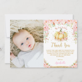 Tarjeta De Agradecimiento Pequeña Calabaza Floral Rosa Primer cumpleaños