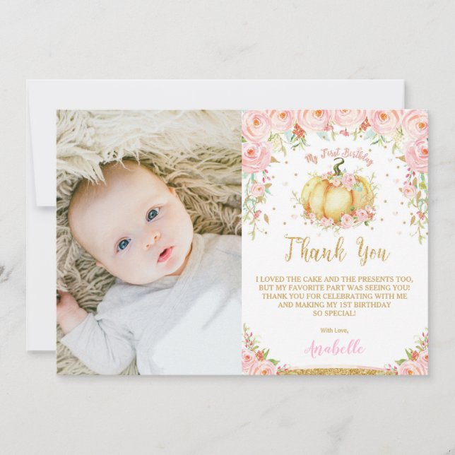 Tarjeta De Agradecimiento Pequeña Calabaza Floral Rosa Primer cumpleaños (Anverso)