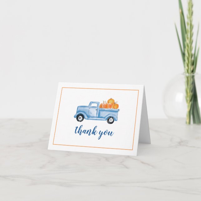 Tarjeta De Agradecimiento Pequeña camioneta azul Pumpkin primer cumpleaños (Anverso)