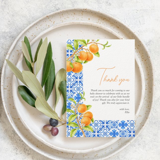 Tarjeta De Agradecimiento Pequeña Cuidad | Baldosas azules estéticas y cítri (Little cutie | Baby shower Thank you Card)
