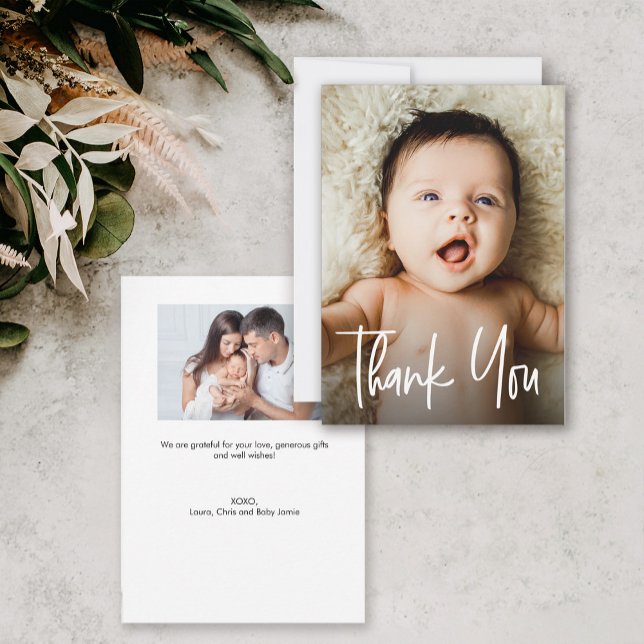 Tarjeta De Agradecimiento Pequeña foto de Baby Shower de uso moderno (two custom photos baby shower small thank you card.)