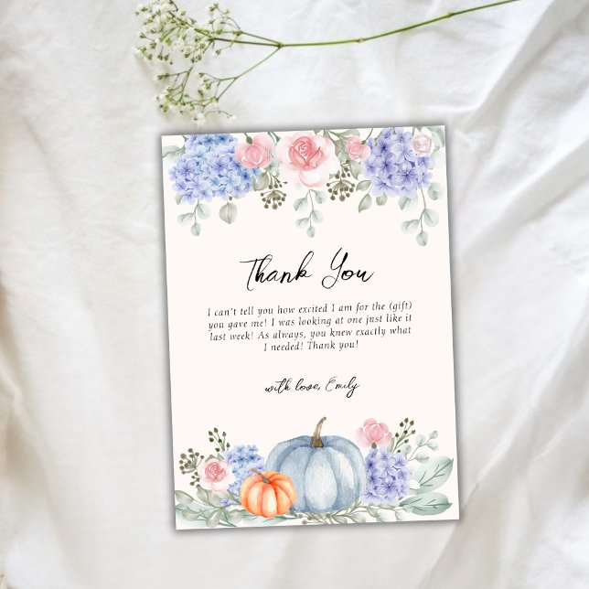 Tarjeta De Agradecimiento Pequeña Hydrangea Calabaza Floral Caída Baby Showe (Little Hydrangea Floral Pumpkin Fall Baby Shower Thank You Card)