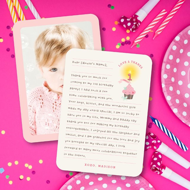 Tarjeta De Agradecimiento Pequeña Miss Rosa Chica de pastelitos Primer Fiest (Whimsical Little Miss Pink Cupcake Girl's 1st Birthday Party Photo Thank You Card @ fat_fa_tin)